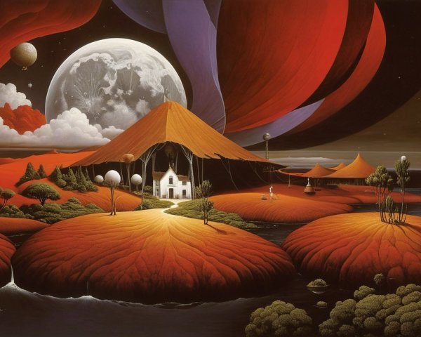 Surreal Landscape with Floating Shapes and Vibrant Colors