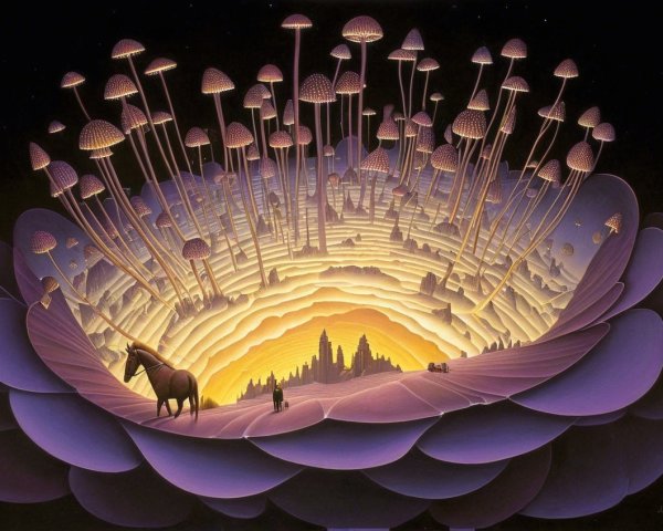 Surreal Landscape with Glowing Center and Majestic Mushrooms