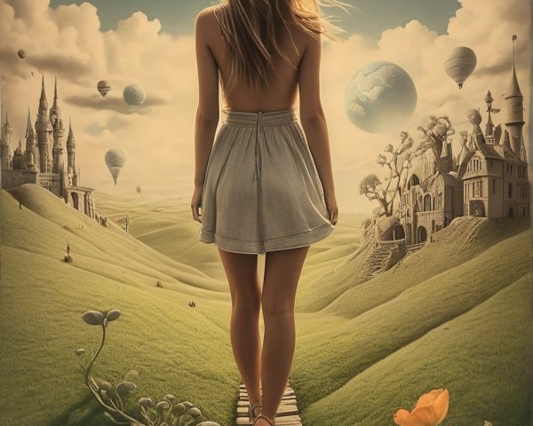 Woman Walking on Path Through Dreamlike Landscape
