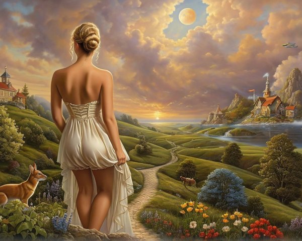 Serene landscape with woman at sunset and nature elements