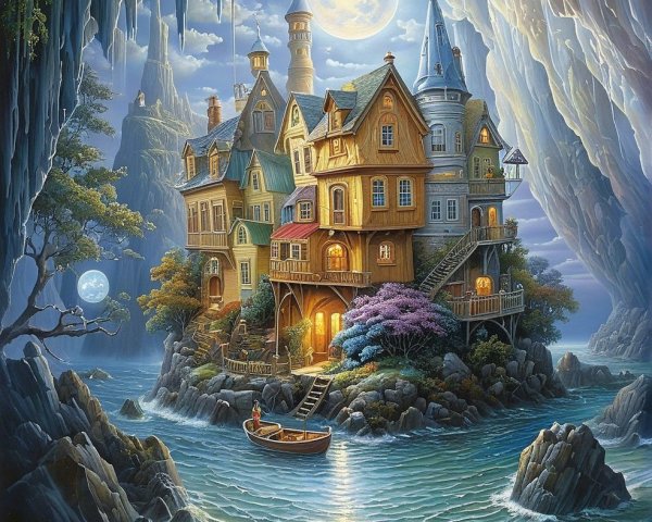 Whimsical Village Between Cliffs and Serene Water