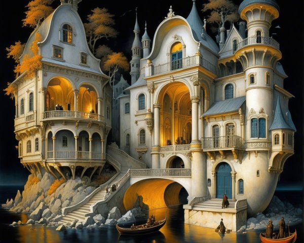 Moonlit Castle on Shore with Autumn Foliage