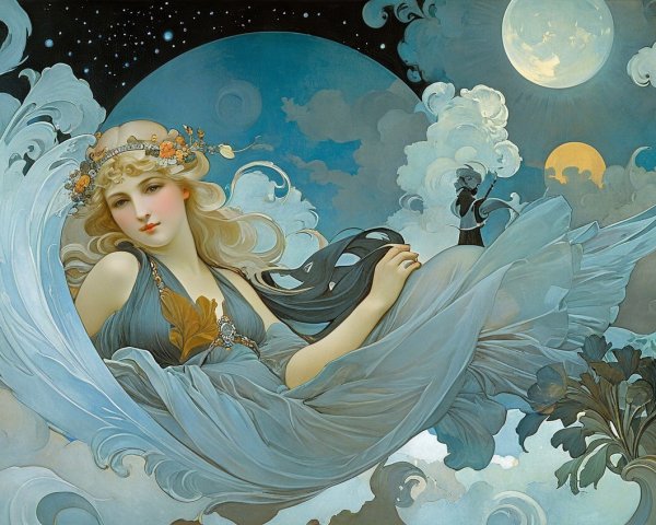 Ethereal figure in blue fabric against starry sky