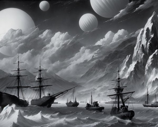Dramatic Black-and-White Scene of Sailing Ships and Planets