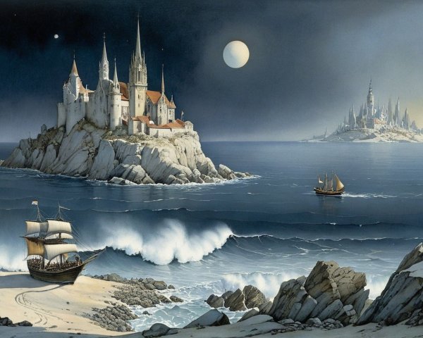 Mystical Seascape with Castles and Sailing Ship
