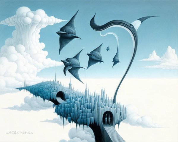 Surreal Landscape with Icy Castle Structures and Creatures