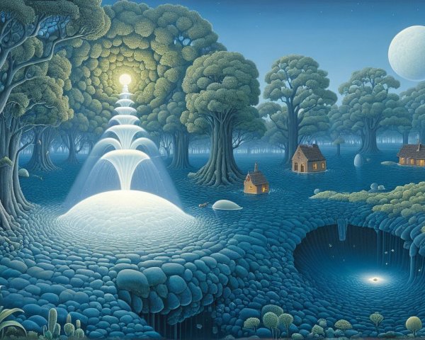 Otherworldly Landscape with Light Fountain and Trees