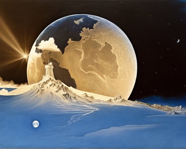 Surreal Landscape with Mountain and Illuminated Planet