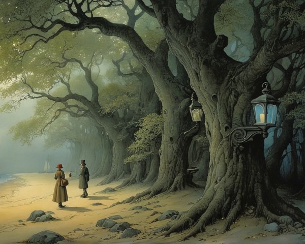 Serene forest path with ancient trees and figures
