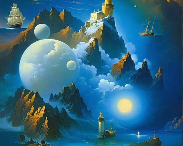 Surreal Landscape with Mountains and Night Sky