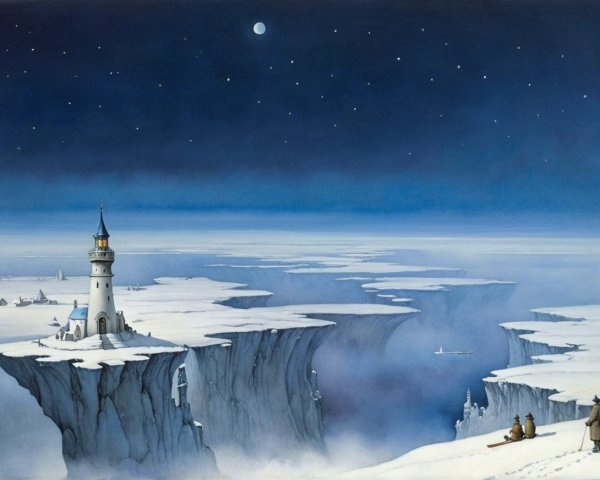 Winter Landscape with Lighthouse and Starry Sky