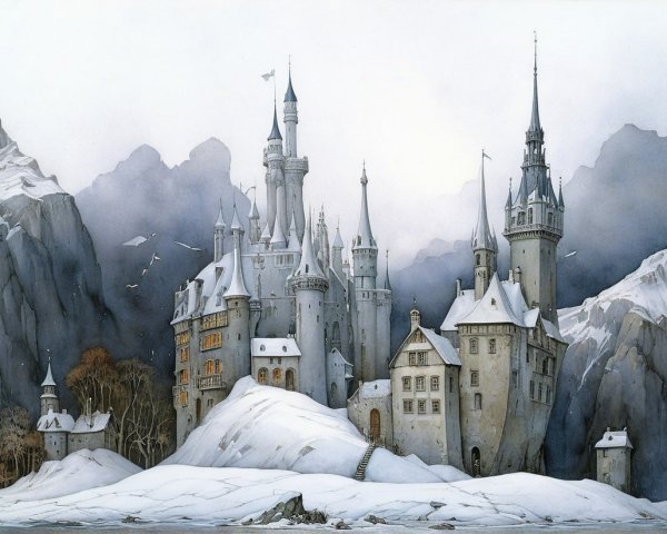 Majestic Castle on Snowy Hill with Serene Landscape