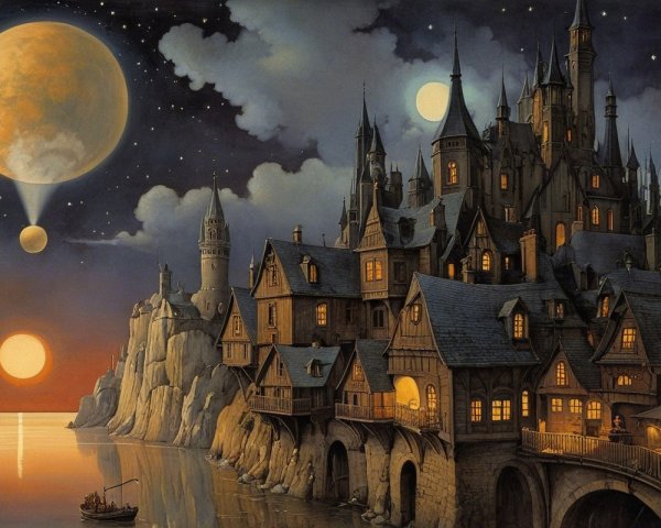 Mystical village night scene with castles and stars