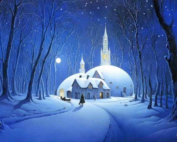 Winter Landscape with Snowy Path and Dome Building