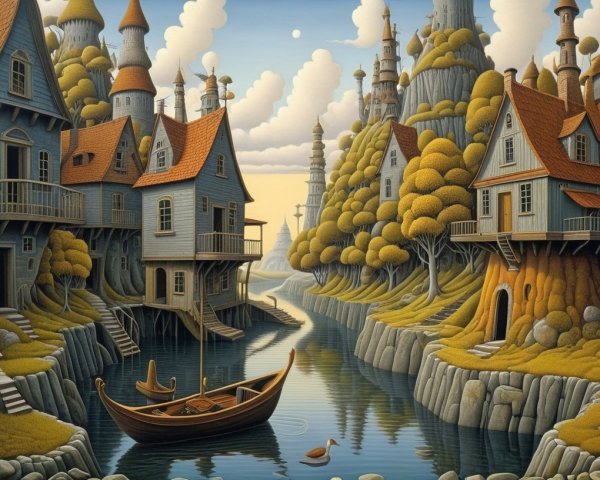 Whimsical Landscape with Quaint Houses and River