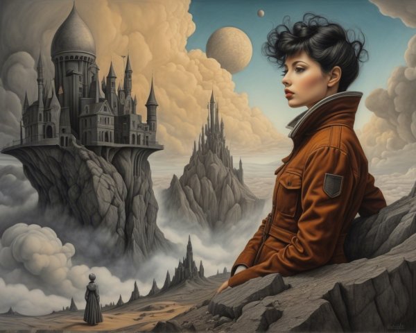 Young woman in leather jacket in surreal landscape