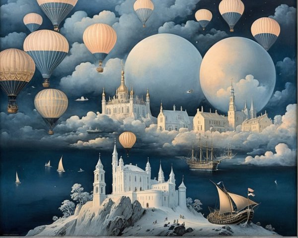 Whimsical Fantasy Landscape with Castles and Balloons