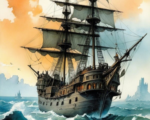 Majestic ship sailing through turbulent waves at sunset