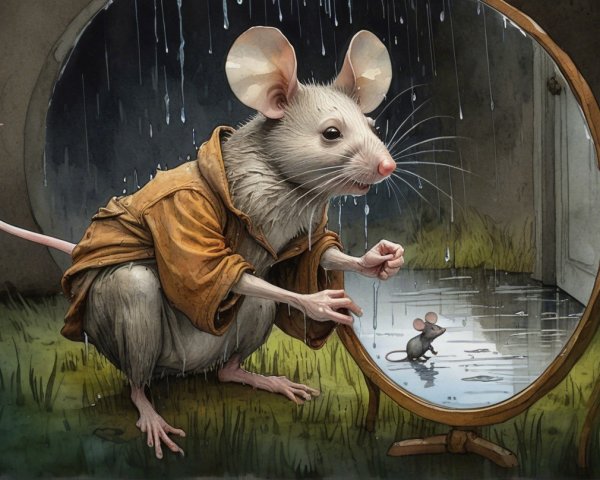Large Mouse in Raincoat Reflects Smaller Mouse in Mirror