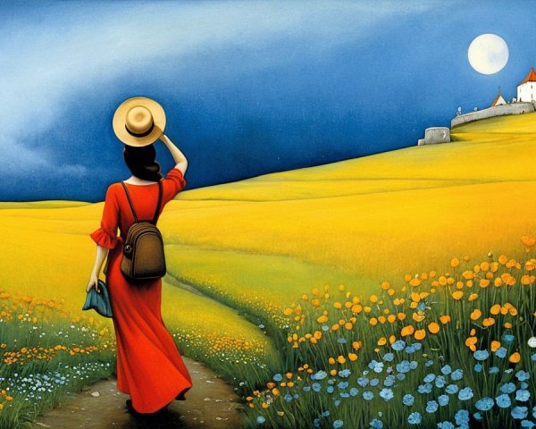 Woman in red dress walking through a flower field