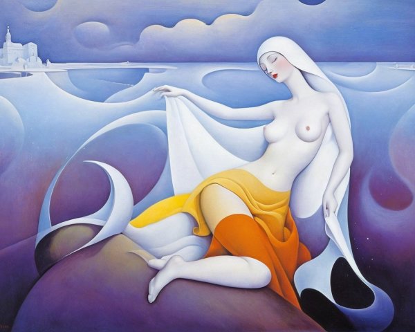 Stylized Figure of Woman by the Serene Sea