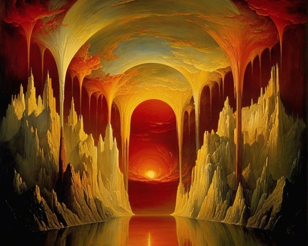 Surreal Landscape with Molten Structures and Sunset