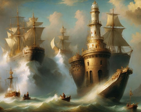 Dramatic Seascape with Ships and Grand Lighthouse
