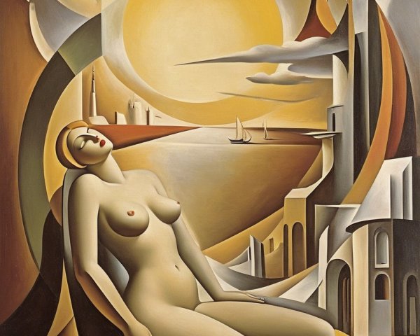 Reclining Nude Woman in Abstract Colorful Landscape