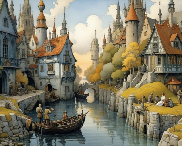 Medieval Town by Serene River with Charming Cottages