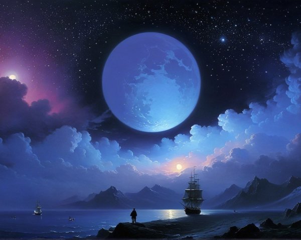 Serene Cosmic Landscape with Ocean and Dramatic Sky