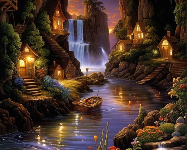 Enchanted Landscape with Cozy Houses and Waterfall