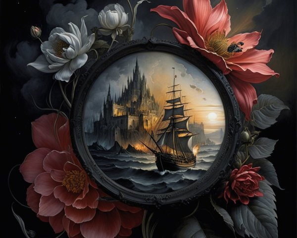 Ship in Turbulent Waters with Distant Castle at Sunset
