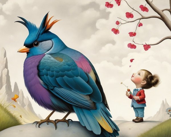 Whimsical Colorful Bird and Enchanted Child Scene