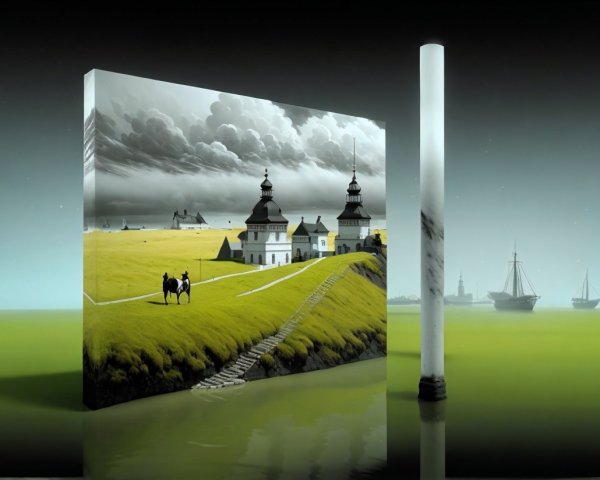 Surreal Landscape with Green Field and Dramatic Sky