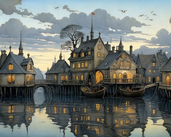 Twilight Village Scene by a Calm Waterway