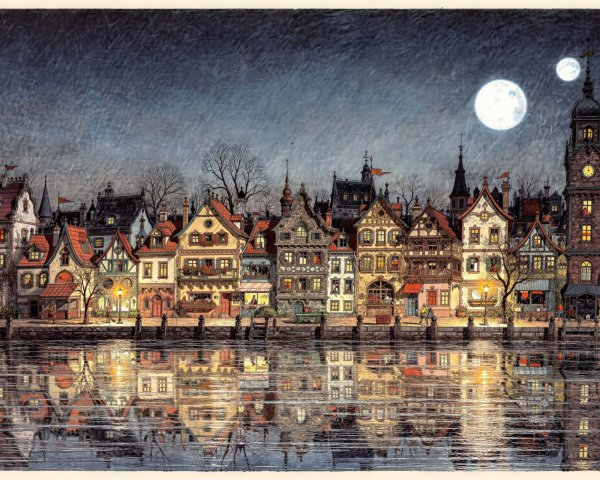Nighttime Illustration of a Charming European Village