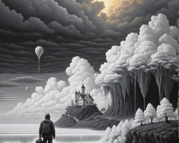 Surreal Monochrome Landscape with Castle and Moon