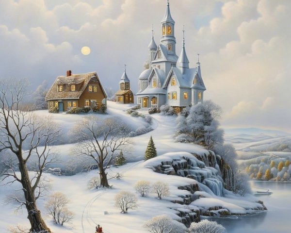 Winter Landscape with House, Castle, and Lake