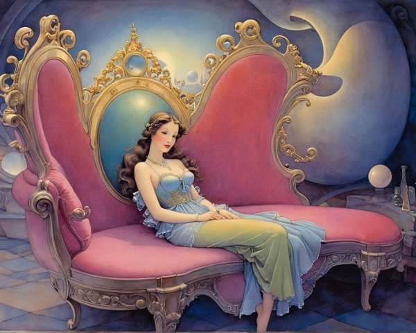 Woman in Powder Blue Dress on Victorian Loveseat
