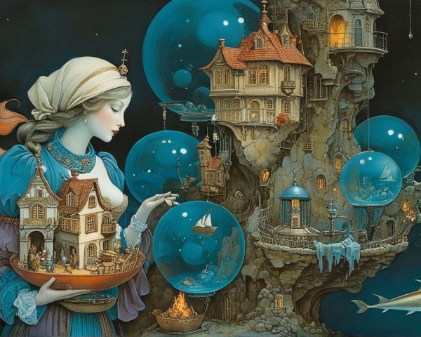 Serene Woman with Miniature Village and Bubbles