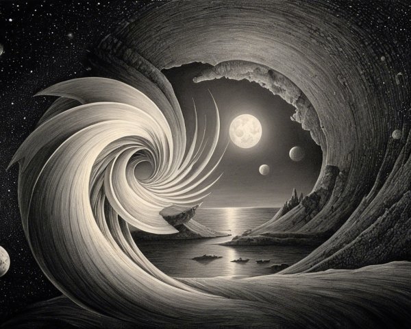 Spiral Wave Artwork with Cosmic Landscape Elements