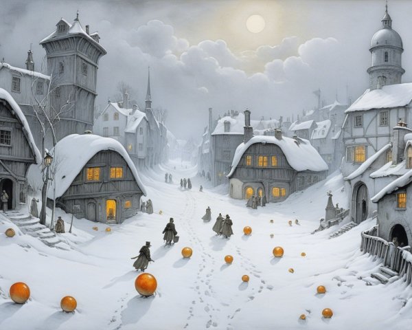Winter Village Scene Under Moonlight with Snow and Lights