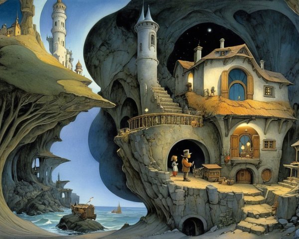 Whimsical Landscape with Castle and Quaint House