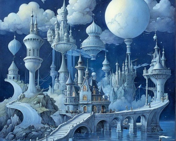 Whimsical Castles and Dreamlike Landscape at Night