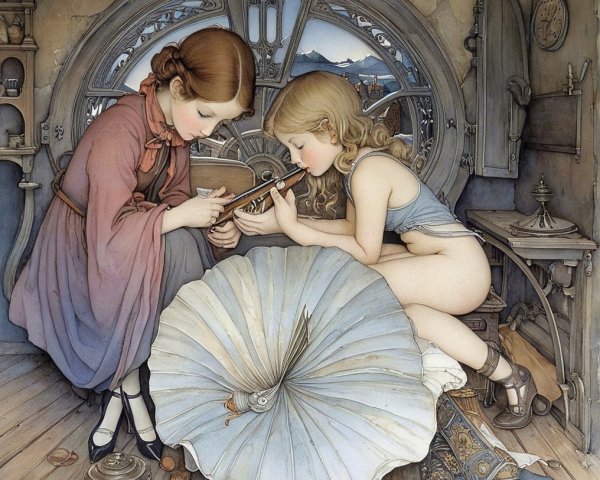 Young girls exploring treasures in a vintage room