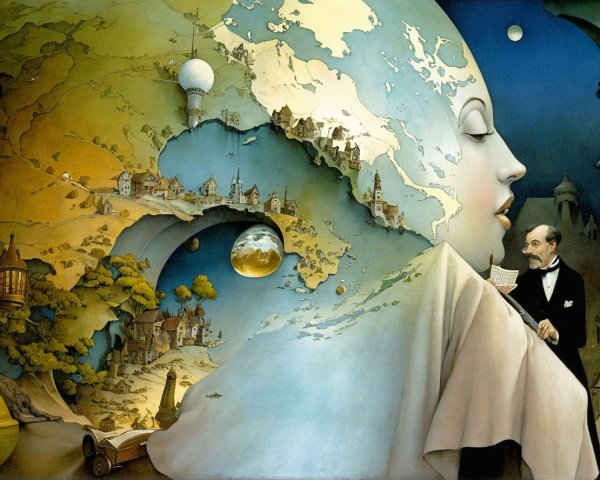 Fantastical Painting of a Distorted Female Head with Map