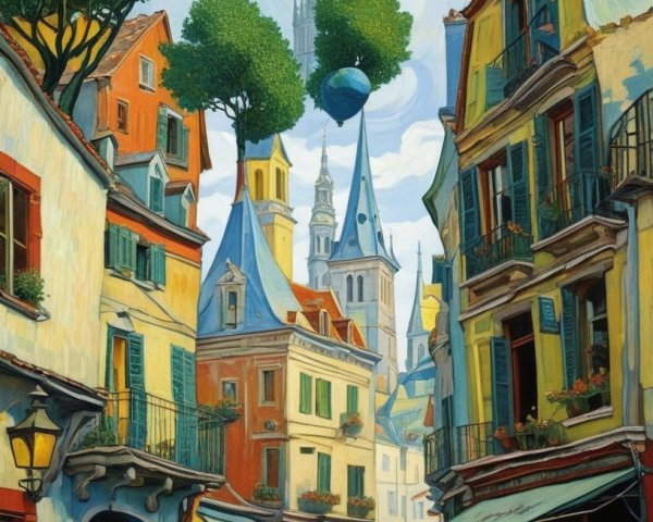 Whimsical Street Scene with Colorful Buildings and Balloons