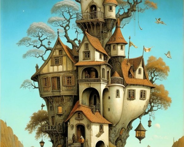 Whimsical treehouse atop rocky outcrop in serene landscape