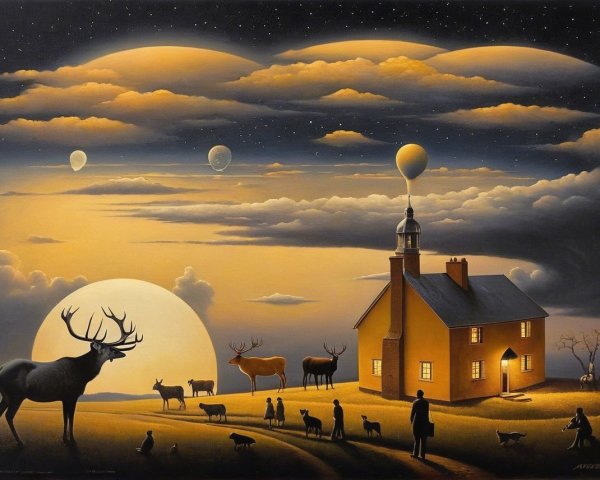 Surreal Landscape with Yellow House and Celestial Sky