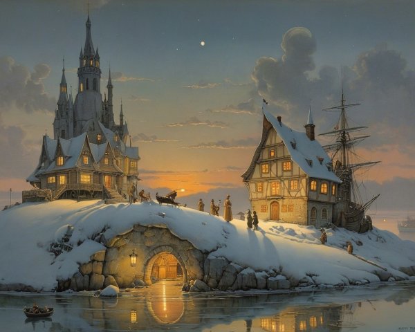 Whimsical Castle and Homes in a Serene Winter Scene
